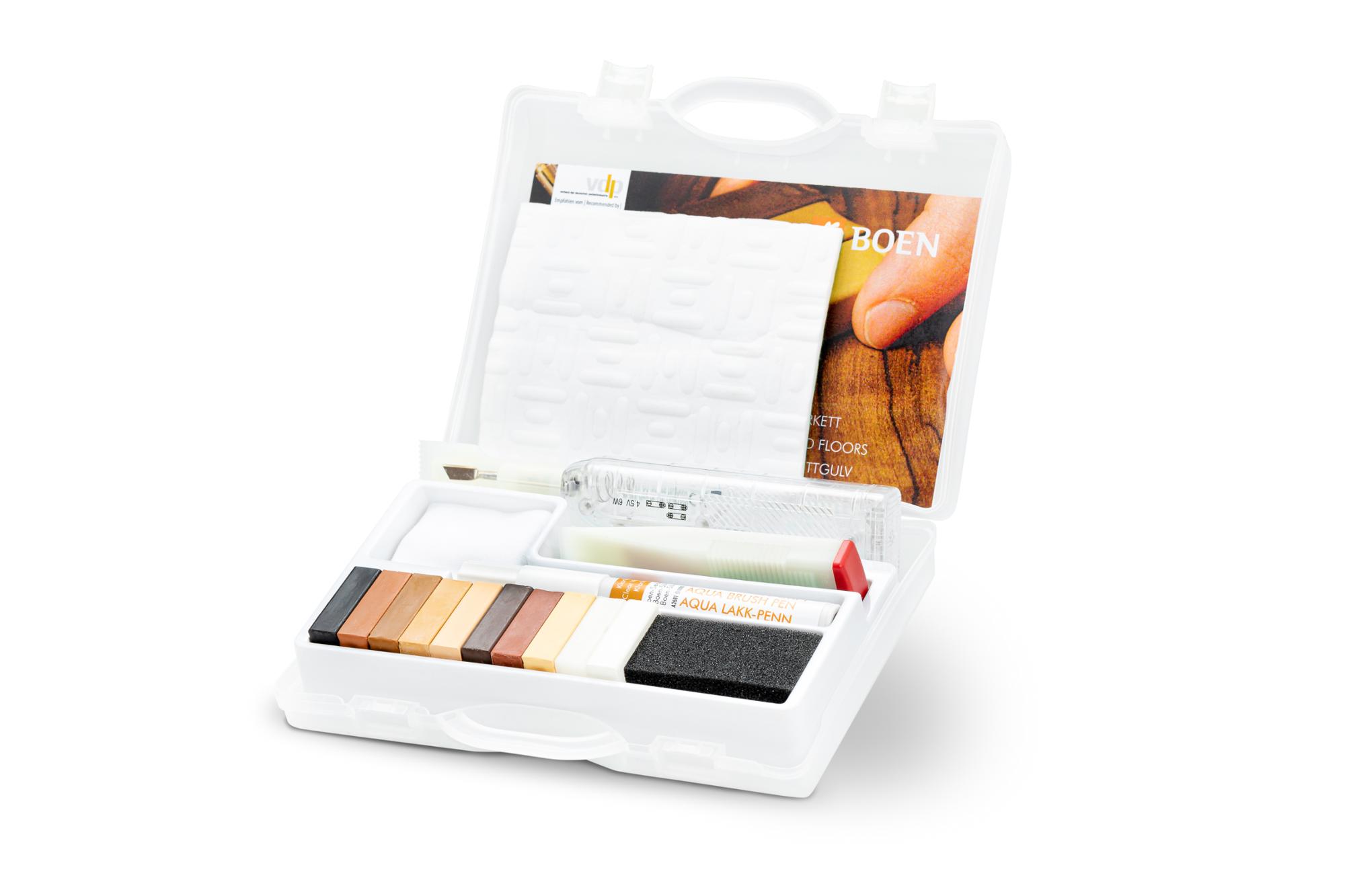 BOEN Profi repair kit for parquet (Live Pure)

Content: 10 wax sticks,
with melter and varnish pen.